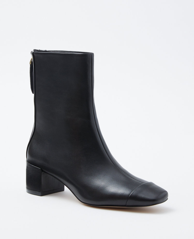 Cap Toe Leather Block Heel Booties