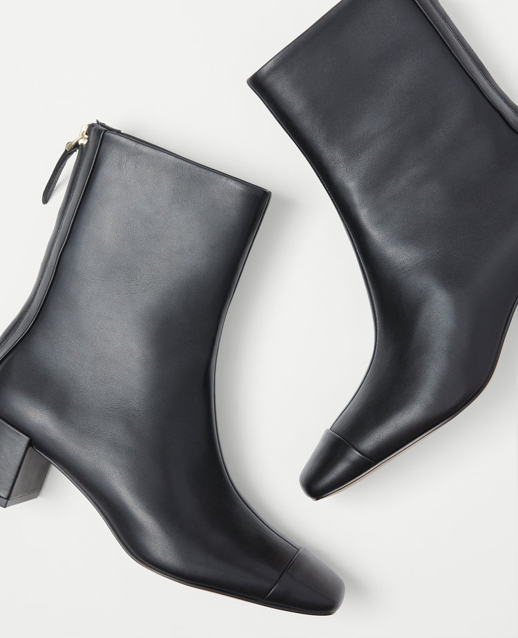 Cap Toe Leather Block Heel Booties