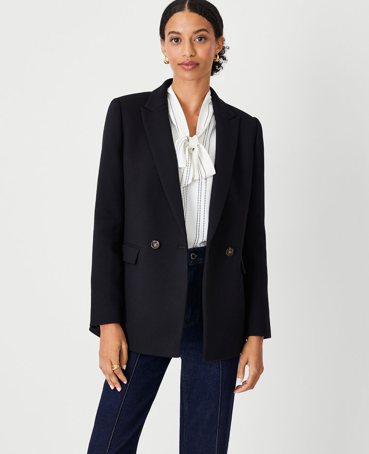 The Petite Relaxed Double Breasted Long Blazer in Twill