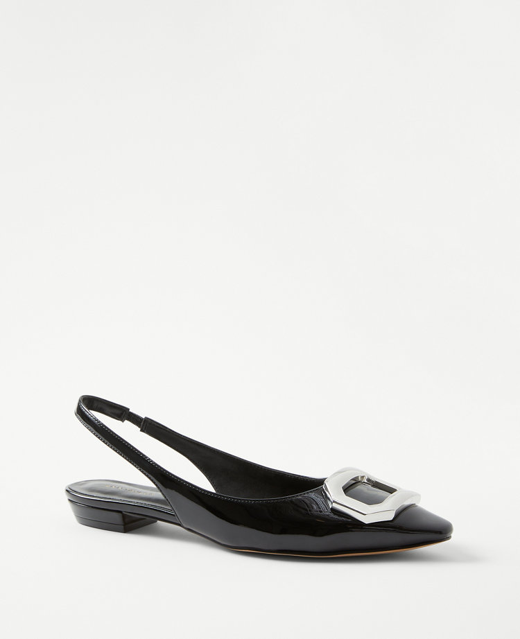 Ann Taylor Patent Buckle Slingback Flats Black Women's