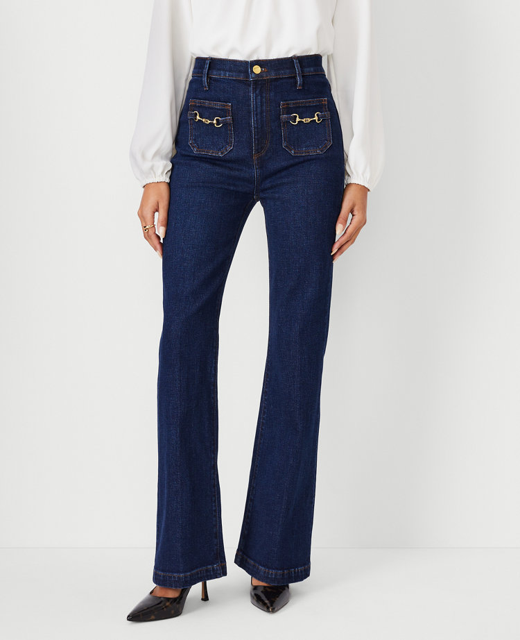 High Rise Horsebit Pocket Flare Jeans in Bright Medium Stone Wash