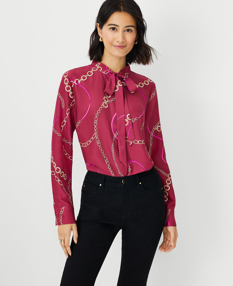 Chain Print Tie Neck Blouse