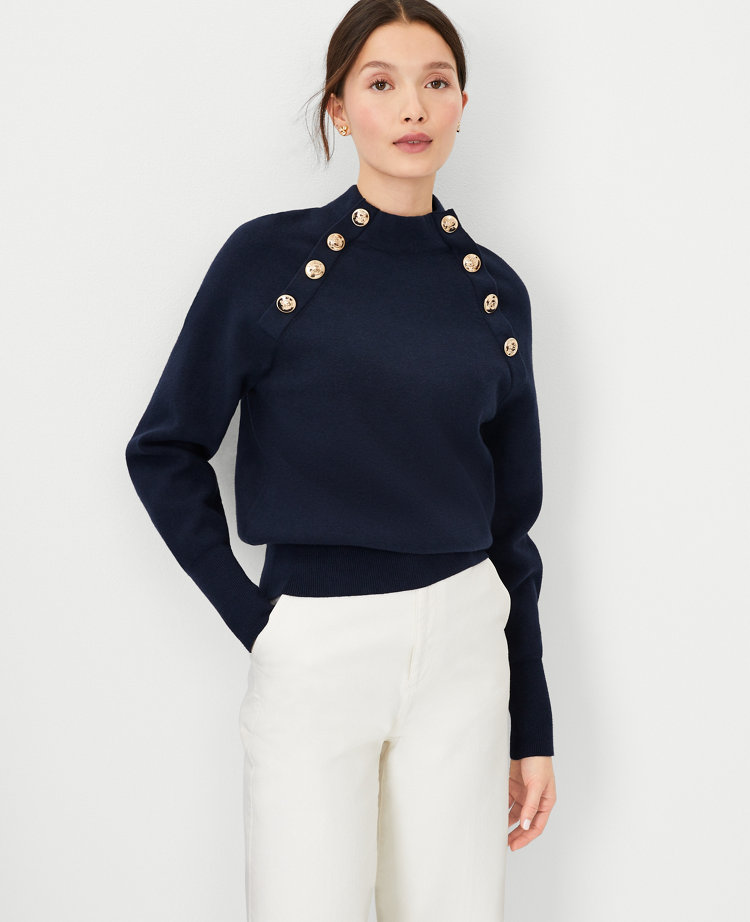 Raglan Button Mock Neck Sweater