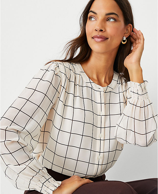 Windowpane Smocked Button Front Top