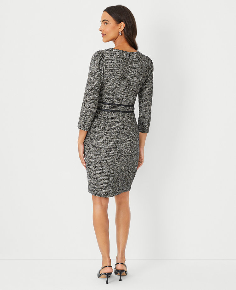 Petite Faux Leather Trim Boucle Sheath Dress