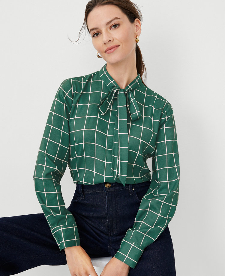 Plaid Collared Neck Bow Front Long Sleeve Jacket - Green / S