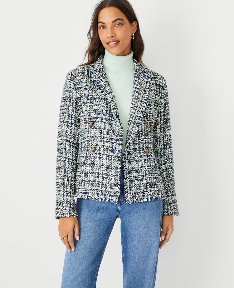 Ann Taylor The Tailored Double Breasted Blazer in Shimmer Tweed Size 0 Blue Multi Women's