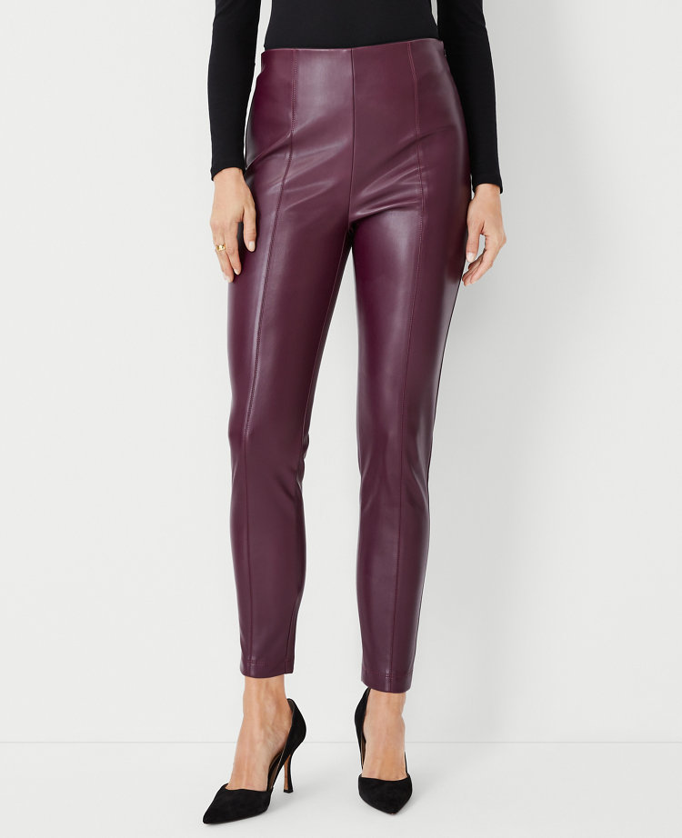 Dual Front Zipper Burgundy Leather Pants for Women