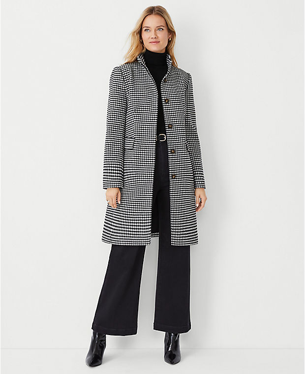 Houndstooth Wool Blend Tailored Funnel Neck Coat
