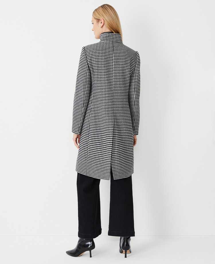 Houndstooth Wool Blend Tailored Funnel Neck Coat 