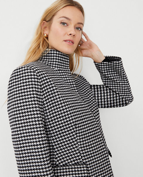 Houndstooth Wool Blend Tailored Funnel Neck Coat