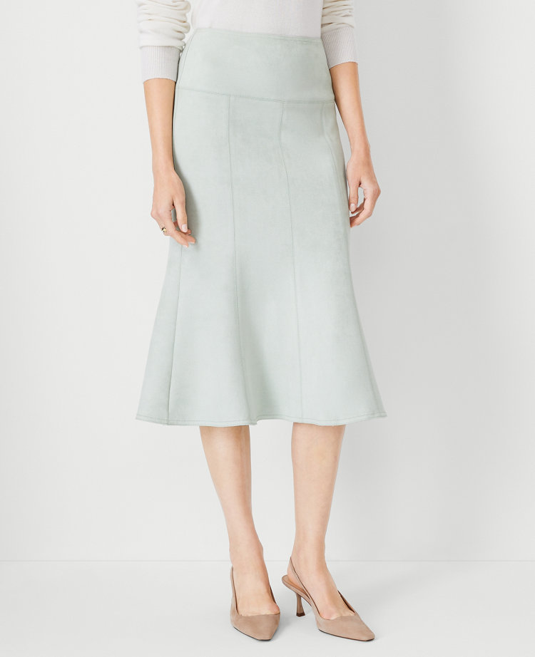 Faux Suede Seamed Flare Midi Skirt