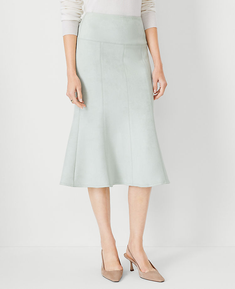 Faux Suede Seamed Flare Midi Skirt