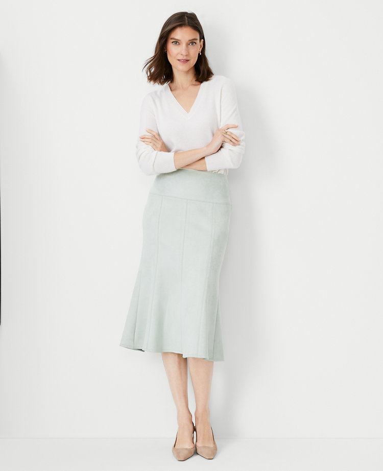 Faux Suede Seamed Flare Midi Skirt