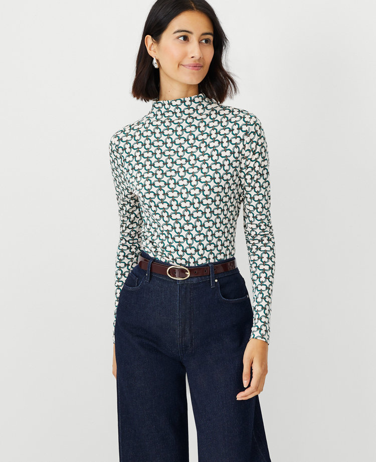 Link Print Long Sleeve Turtleneck Top