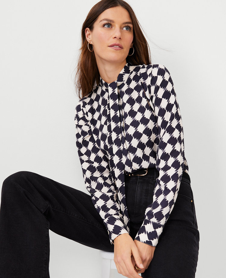 Houndstooth Tie Neck Blouse