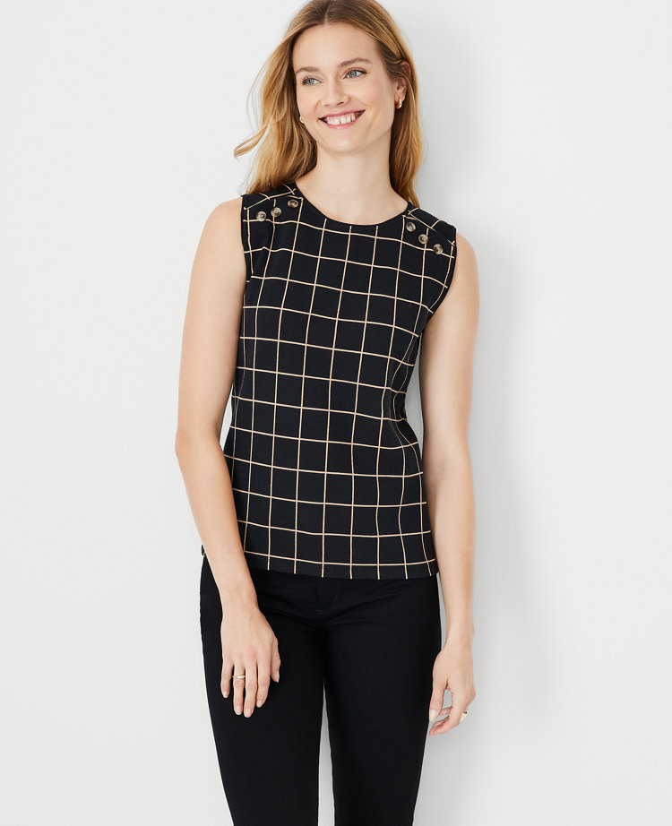 Windowpane Shoulder Button Sleeveless Top