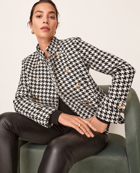 Houndstooth Wool Blend Military Jacket