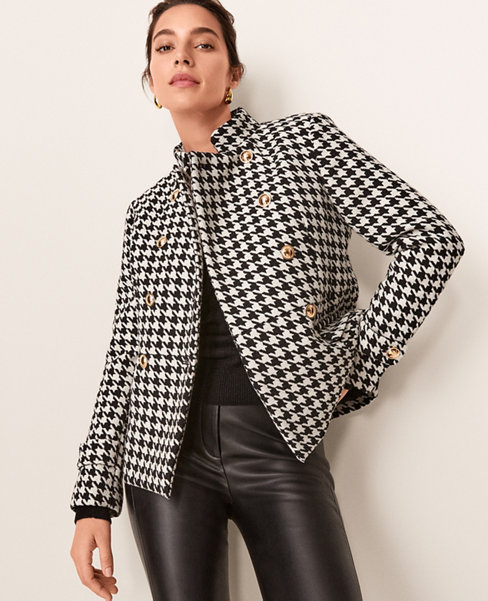 Houndstooth Wool Blend Military Jacket