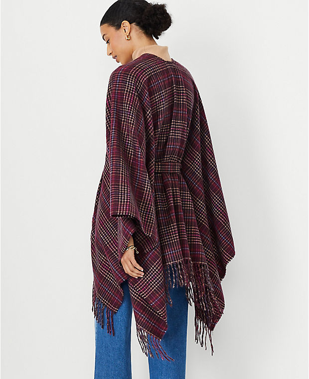 Plaid Long Belted Poncho