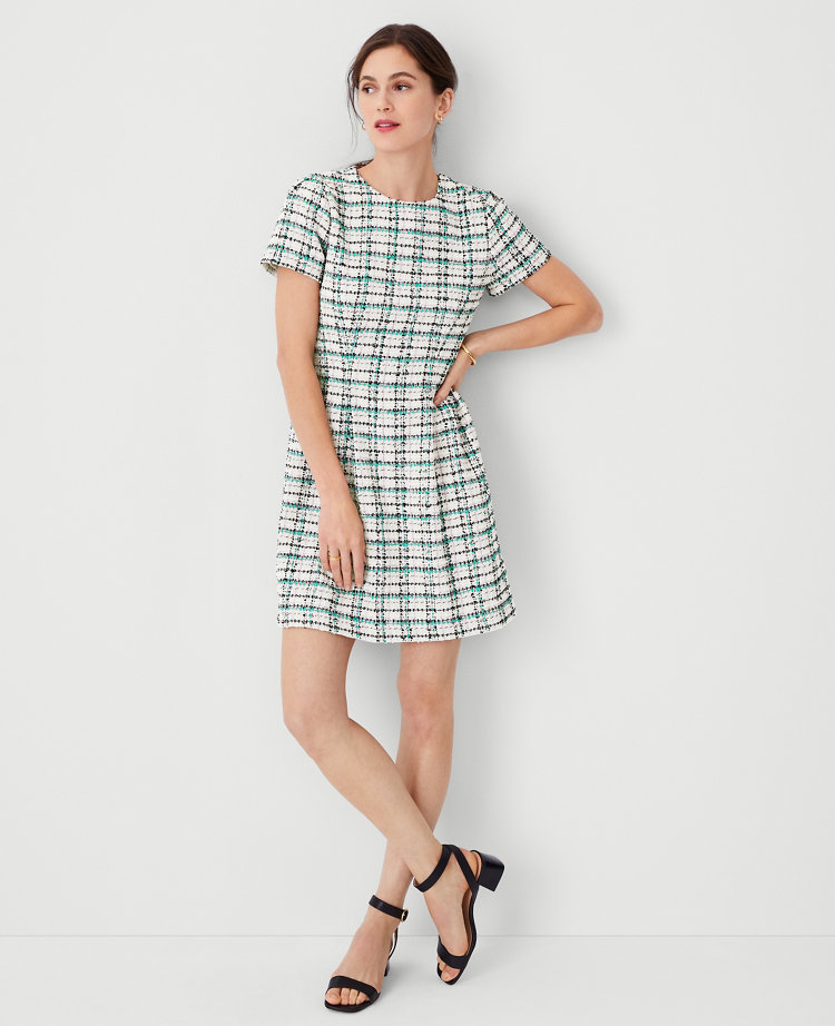 Ann Taylor Plaid Tweed Flare Dress Neutral/Green Multi Women's