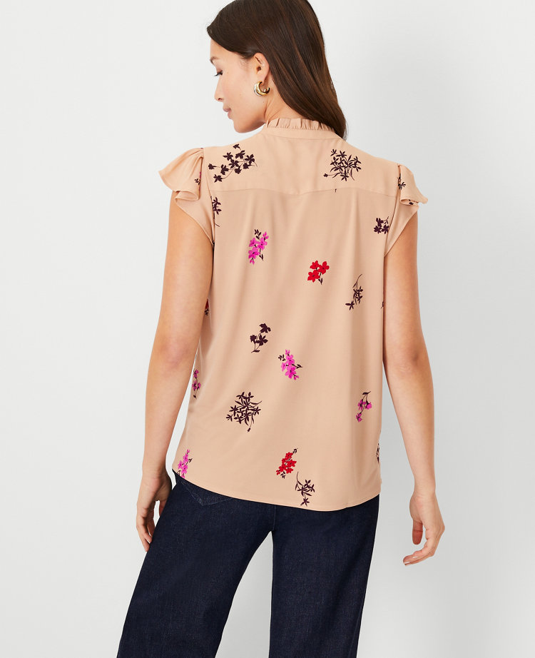 Ann Taylor Petite Floral Mixed Media Flutter Sleeve Top