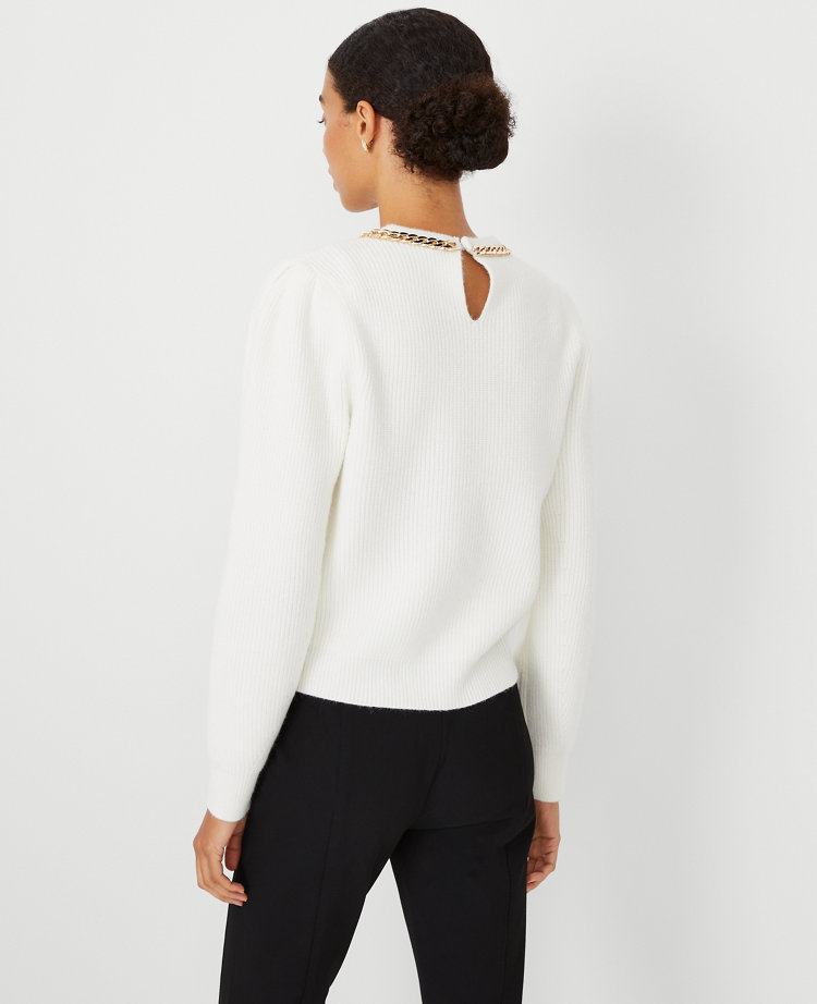 Ann Taylor Chain Puff Sleeve Sweater Winter White Women's