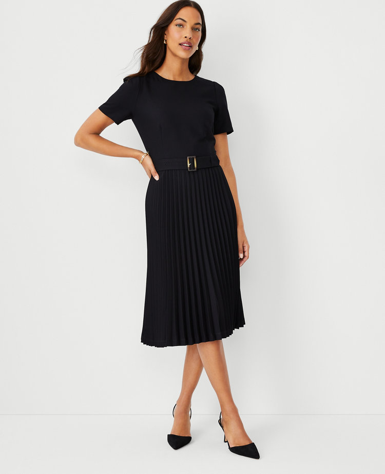 Belted Pleated Flare Dress