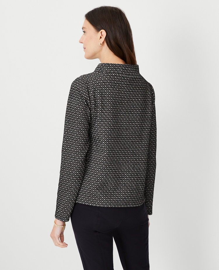 Metallic Geo Jacquard Button Pocket Mock Neck Top