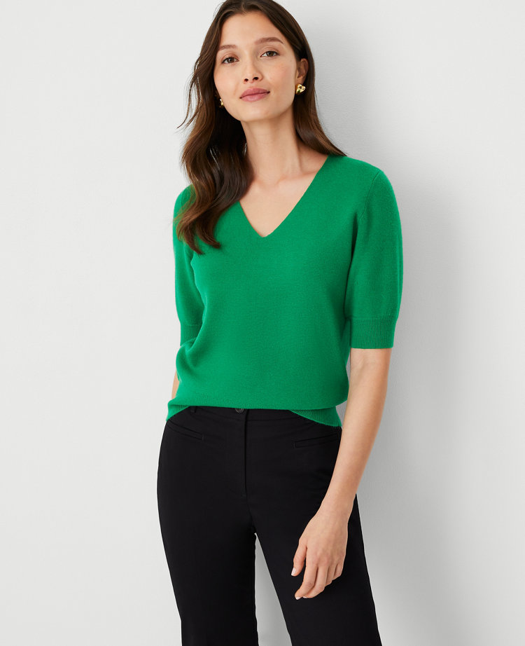 Ann Taylor V-Neck Puff Sleeve Sweater Tee