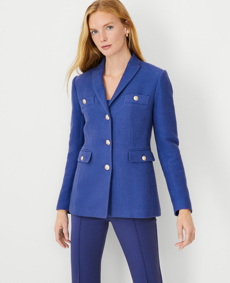 Ann Taylor Long Tweed Jacket Azurine Blue Women's