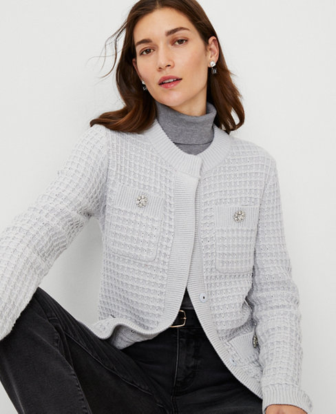 Shimmer Jeweled Button Pocket Sweater Jacket