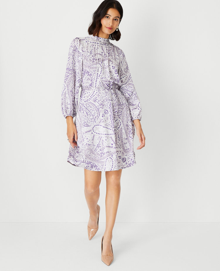 Paisley Pintucked Mock Neck Dress