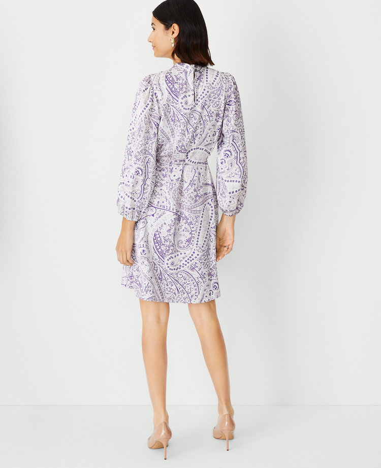 Paisley Pintucked Mock Neck Dress