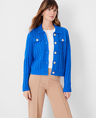 Ann Taylor Collared Cable Sweater Jacket In Intense Lapis