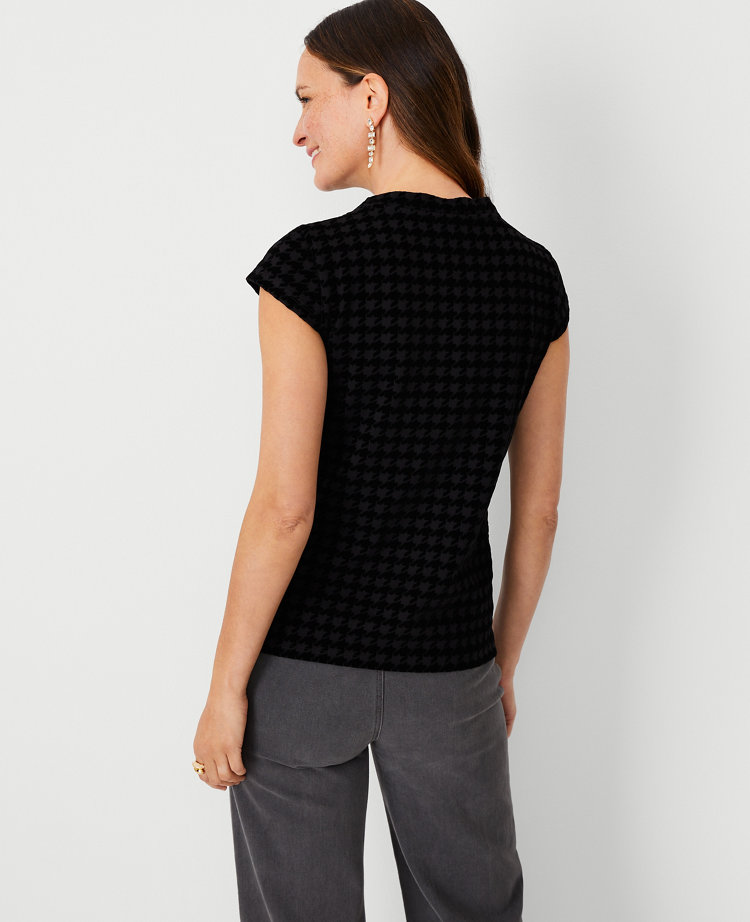 Flocked Houndstooth Mock Neck Cap Sleeve Top 