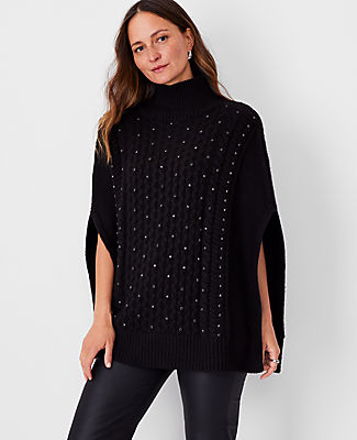 Ann Taylor Crystal Embellished Cable Poncho In Black