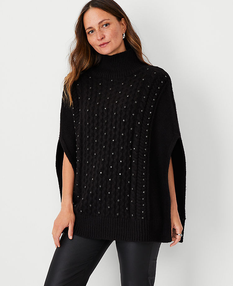 Crystal Embellished Cable Poncho