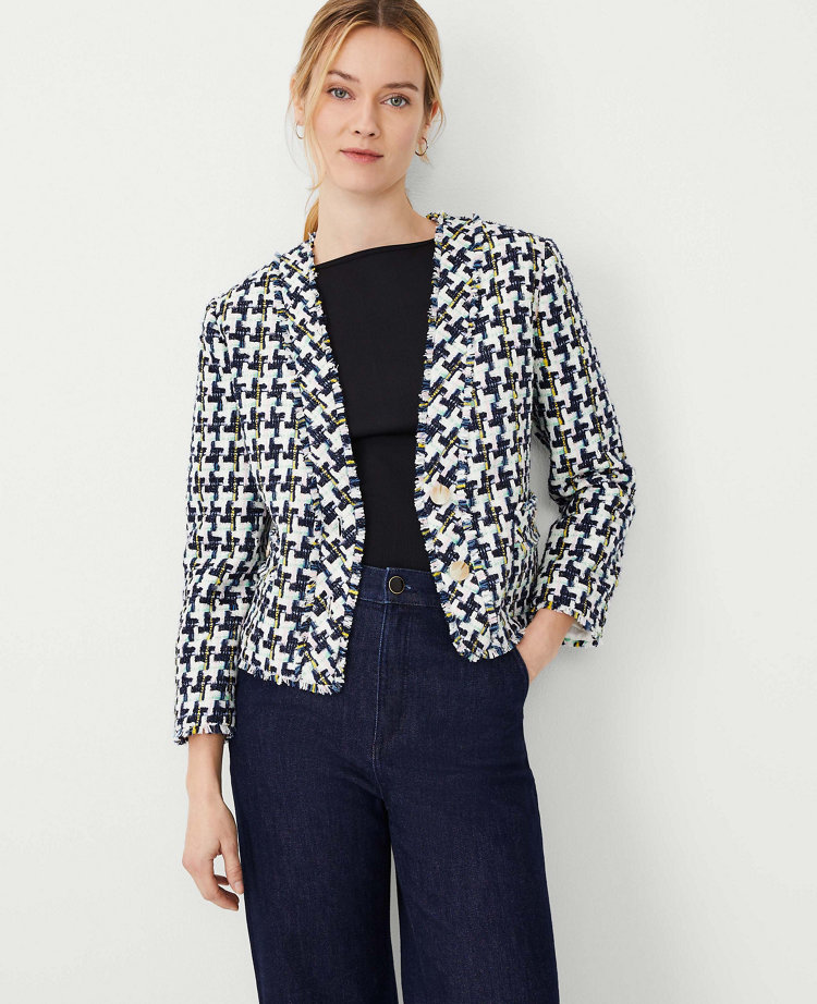 Houndstooth Tweed Cropped Cardigan Jacket