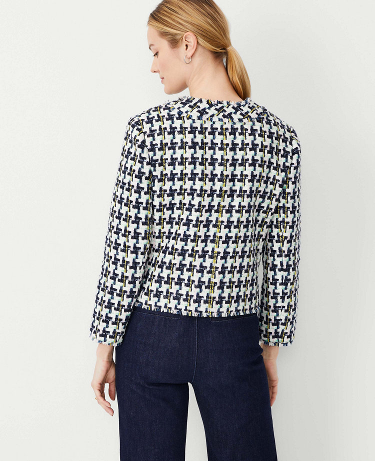 Ann Taylor Houndstooth Tweed Cropped Cardigan Jacket Blue/Ivory Multi Women's