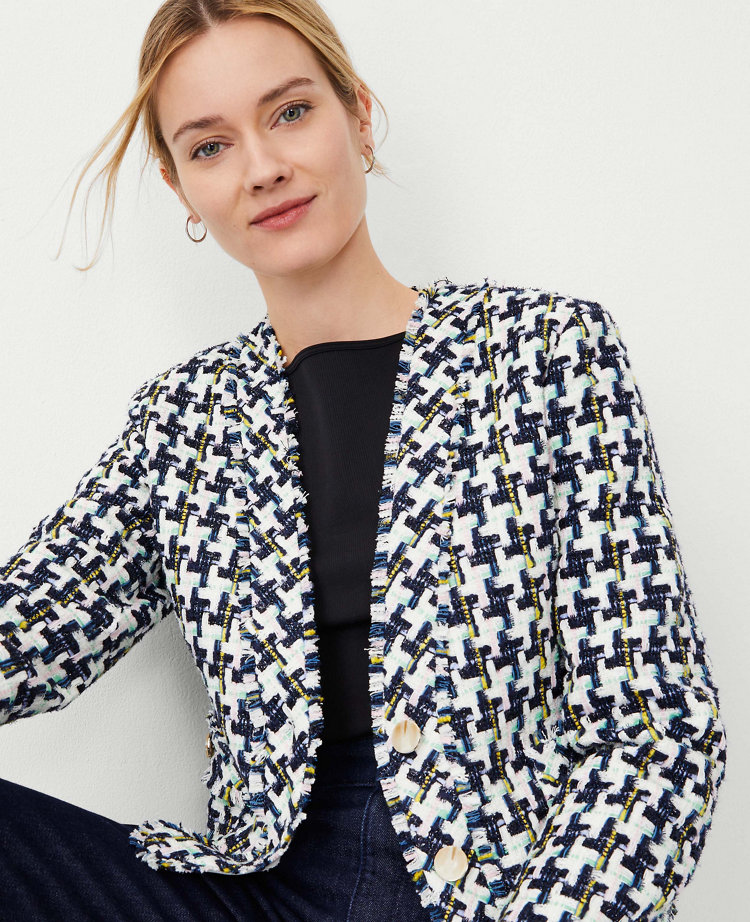 Houndstooth Tweed Cropped Cardigan Jacket