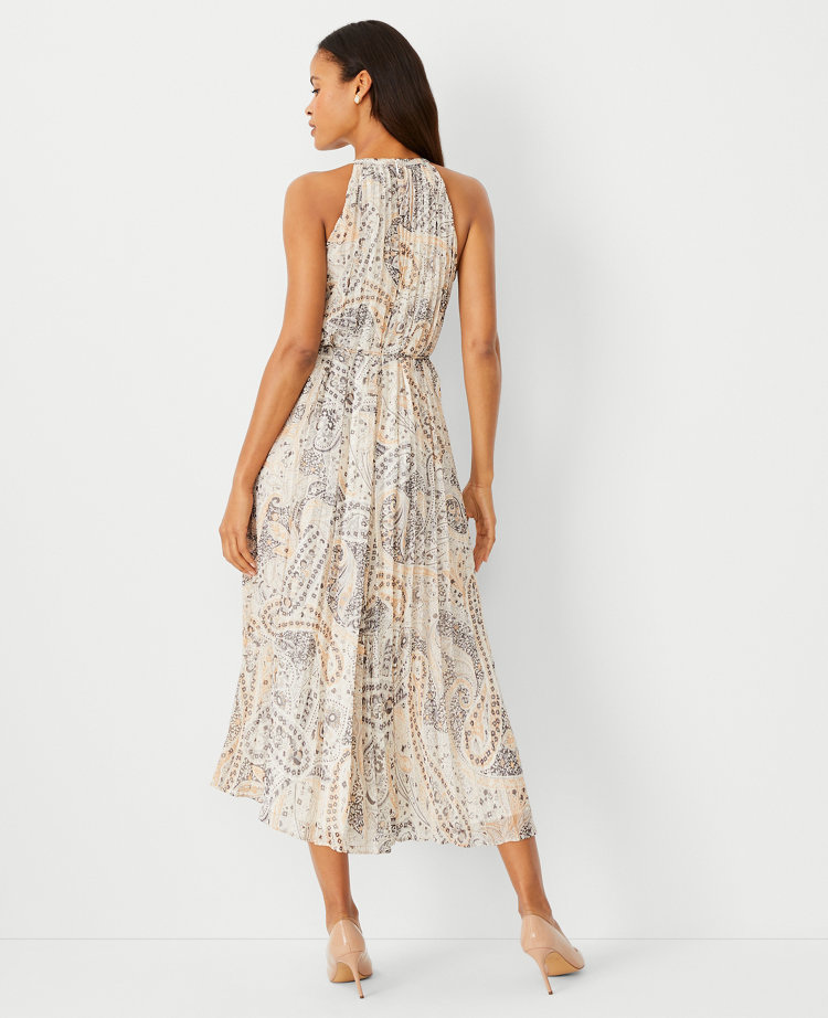 Petite Shimmer Paisley Chain Pleated Halter Dress