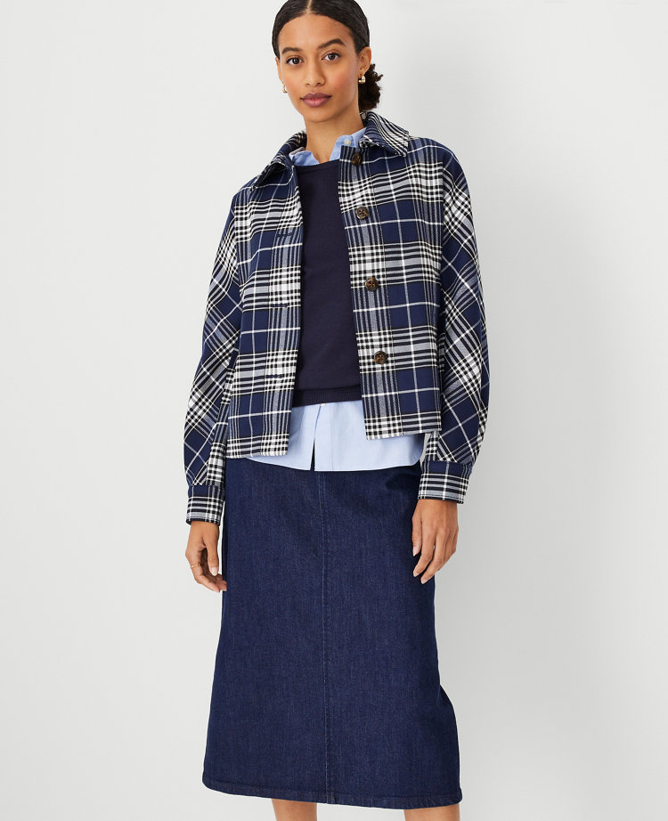 Plaid Twill Cropped Mac Jacket