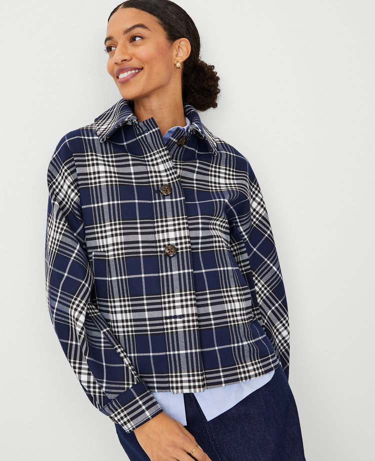 Plaid Twill Cropped Mac Jacket