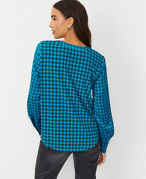 Houndstooth Mixed Media Pleat Front Top