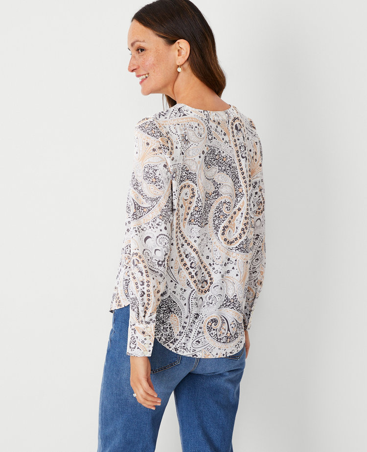 Shimmer Paisley Mixed Media Pleat Front Top