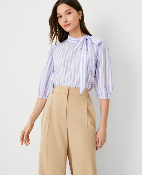 Striped Bow Puff Sleeve Blouse