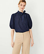 Chambray Bow Puff Sleeve Blouse carousel Product Image 2