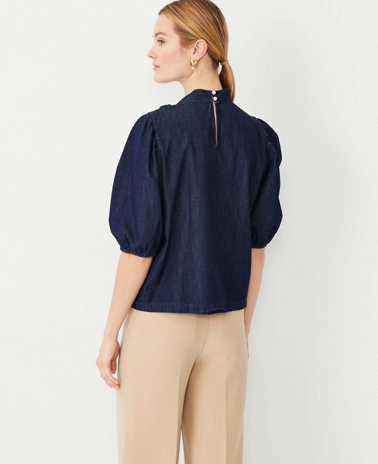 Notice Me Puff Sleeve Neck Bow Top Denim Blue