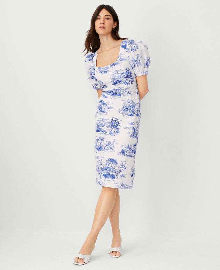 Toile Puff Sleeve Scoop Neck Sheath Dress